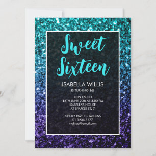 Aqua blue Ombre Glitzern Sweet 16 elegante Schrift Einladung