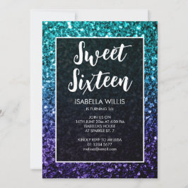 Aqua blue Ombre Glitzern Sweet 16 elegante Schrift Einladung