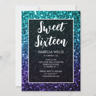 Aqua blue Ombre Glitzern Sweet 16 elegante Schrift Einladung