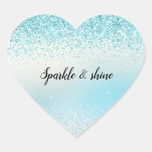 Aqua Blue Ombre Glitzy Sparkle Glitzer Herz-Aufkleber (Vorderseite)