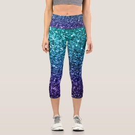 Aqua blue Ombre Imitate Glitzer Glitzern Capri Leggings