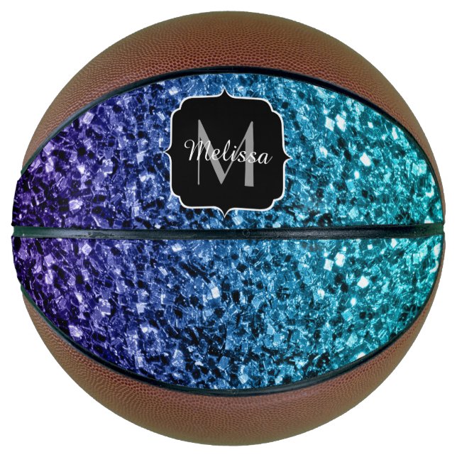 Aqua Blue ombre Imitate Glitzer Glitzern Monogram Basketball (Vorderseite)