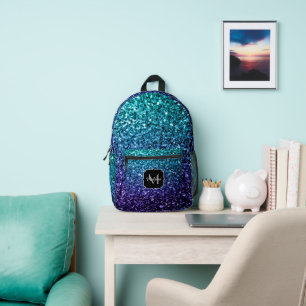 Aqua Blue ombre Imitate Glitzer Glitzern Monogram Bedruckter Rucksack