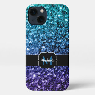 Aqua Blue ombre Imitate Glitzer Glitzern Monogram iPhone 13 Hülle