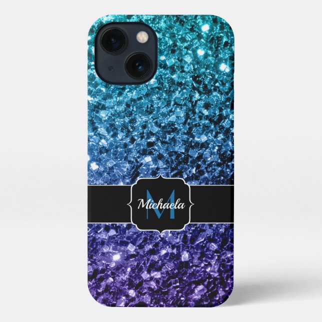 Aqua Blue ombre Imitate Glitzer Glitzern Monogram iPhone Hülle (Rückseite)