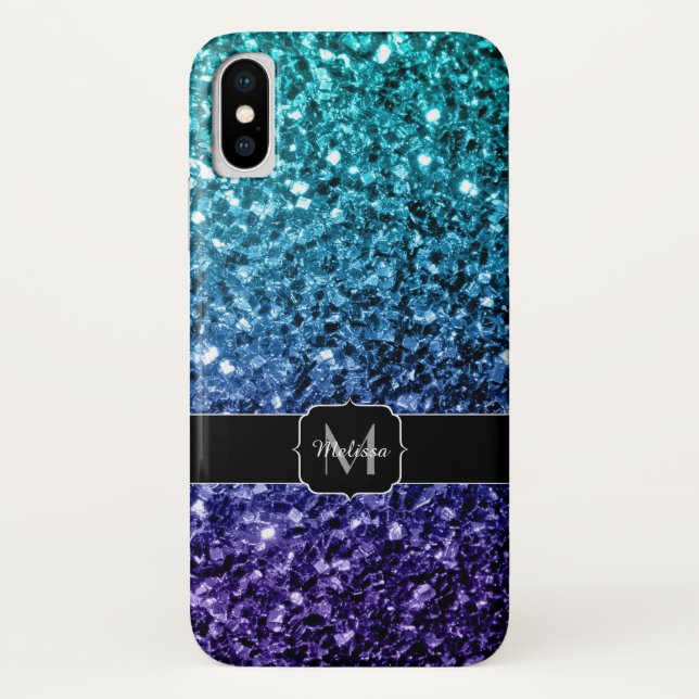 Aqua blue Ombre Imitats Glitzer Glitzern Monogram Case-Mate iPhone Hülle (Rückseite)