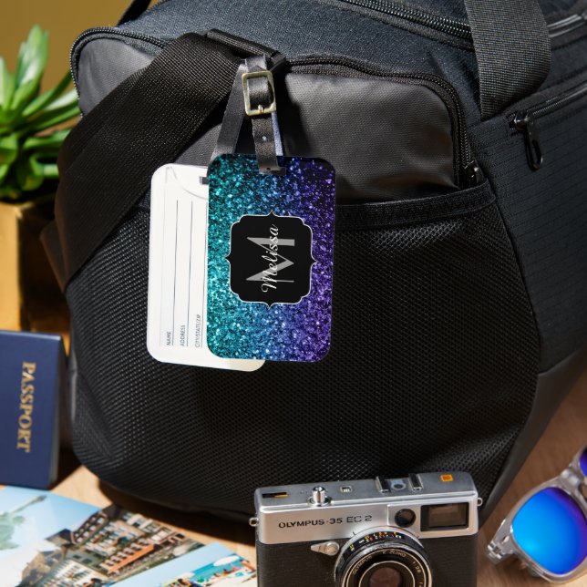 Aqua blue Ombre Imitats Glitzer Glitzern Monogram Gepäckanhänger (Vorderseite & Rückseite)