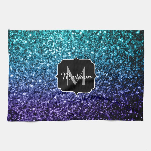 Aqua blue Ombre Imitats Glitzer Glitzern Monogram Handtuch (Horizontal)