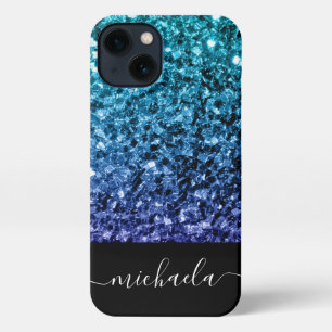 Aqua blue Ombre Imitats Glitzer Glitzern Monogram iPhone 13 Hülle
