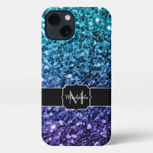 Aqua blue Ombre Imitats Glitzer Glitzern Monogram iPhone 13 Hülle