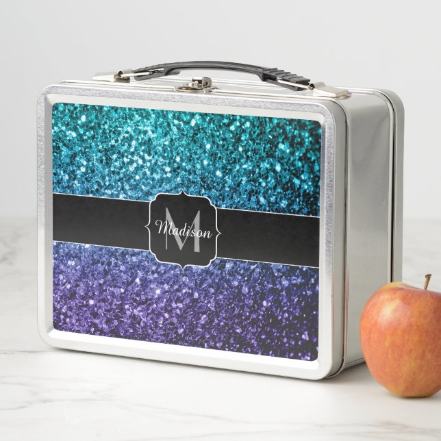 Aqua blue Ombre Imitats Glitzer Glitzern Monogram Metall Lunch Box (Beispiel)