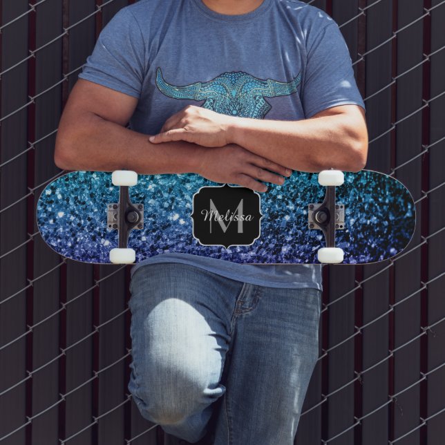 Aqua blue Ombre Imitats Glitzer Glitzern Monogram Skateboard (Außenbereich 3)
