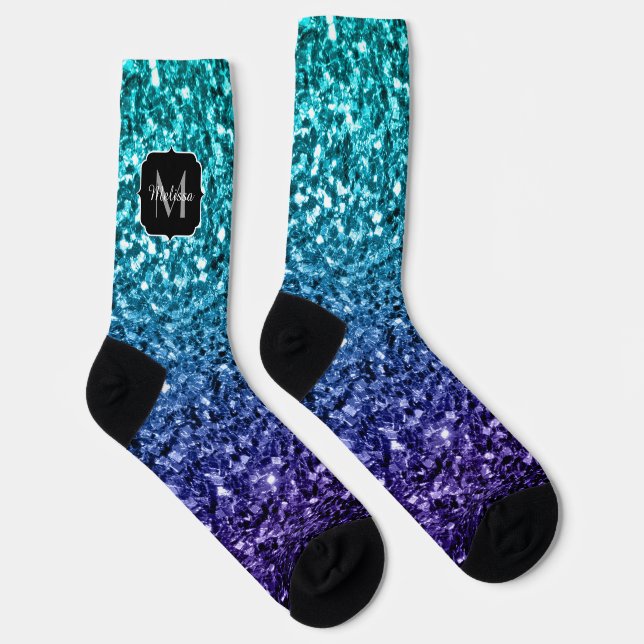 Aqua blue Ombre Imitats Glitzer Glitzern Monogram Socken (Rechts)