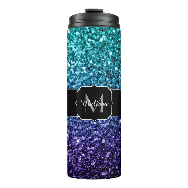 Aqua blue Ombre Imitats Glitzer Glitzern Monogram Thermosbecher (Vorderseite)