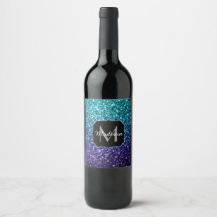 Aqua blue Ombre Imitats Glitzer Glitzern Monogram Weinetikett