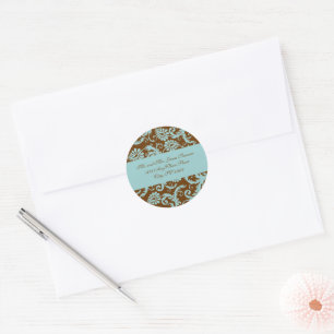 Aqua Blue on Brown Damask Adresse Hochzeitsticker Runder Aufkleber