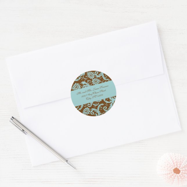Aqua Blue on Brown Damask Adresse Hochzeitsticker Runder Aufkleber (Umschlag)