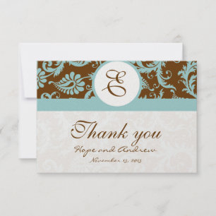 Aqua Blue on Brown Damask Wedding Danke Cards
