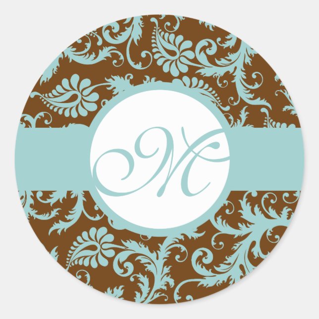 Aqua Blue on Brown Damask Wedding Stickers (Vorderseite)