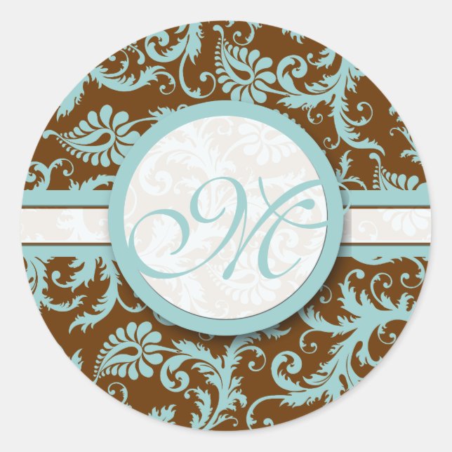 Aqua Blue on Brown Damask Wedding Stickers (Vorderseite)