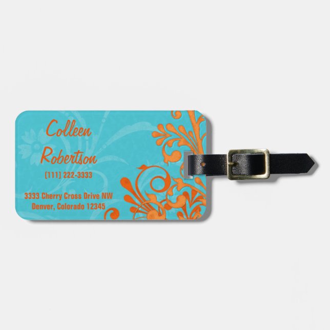 Aqua Blue Orange Abstrakt Floral Personalisiert Gepäckanhänger (Vorderseite horizontal)
