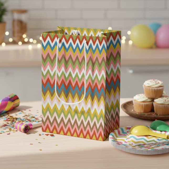 Aqua Blue Orange Pink Red Lime Green Zigzag Kunst, Mittlere Geschenktüte (Von Creator hochgeladen)