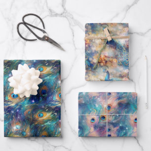 Aqua Blue Painted Peacock Feathers Geschenkpapier Set