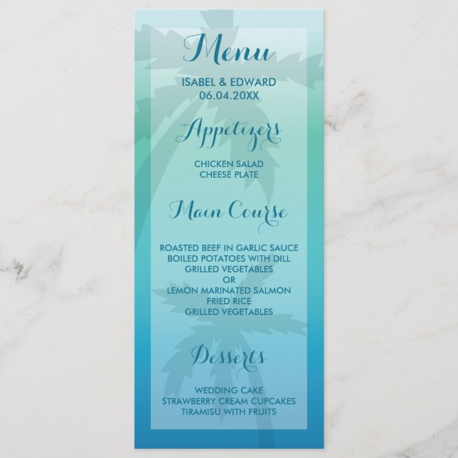 Aqua Blue Palm Tree Tropical Wedding Menu Menükarte (Vorderseite)