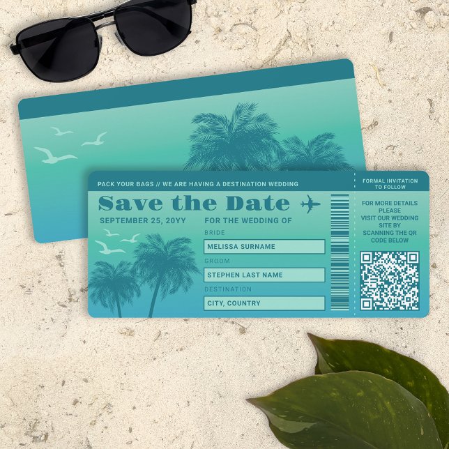 Aqua Blue Palms Imitats Boarding Save the Date Pas Einladung (Von Creator hochgeladen)
