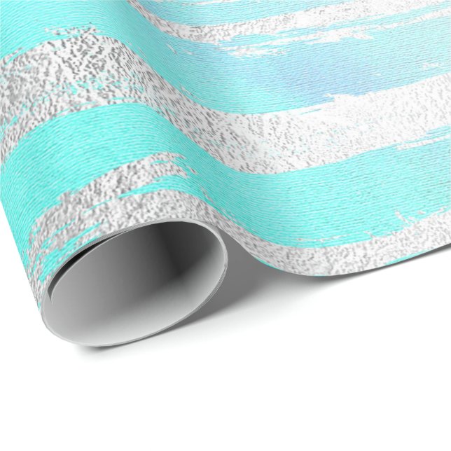 Aqua Blue Pastell Silver Strokes Wasserfarbe Geschenkpapier (Rolleneckpunkt)