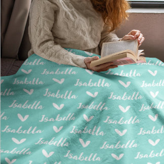 Aqua Blue Personalisiert Name Blanket mit Herz Fleecedecke