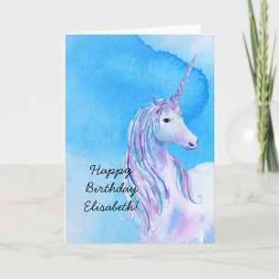 Aqua Blue Personalized Watercolor Unicorn Birthday Karte