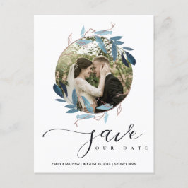 AQUA BLUE PINK FOLIAGE WREATH SAVE THE DATE FOTO ANKÜNDIGUNGSPOSTKARTE
