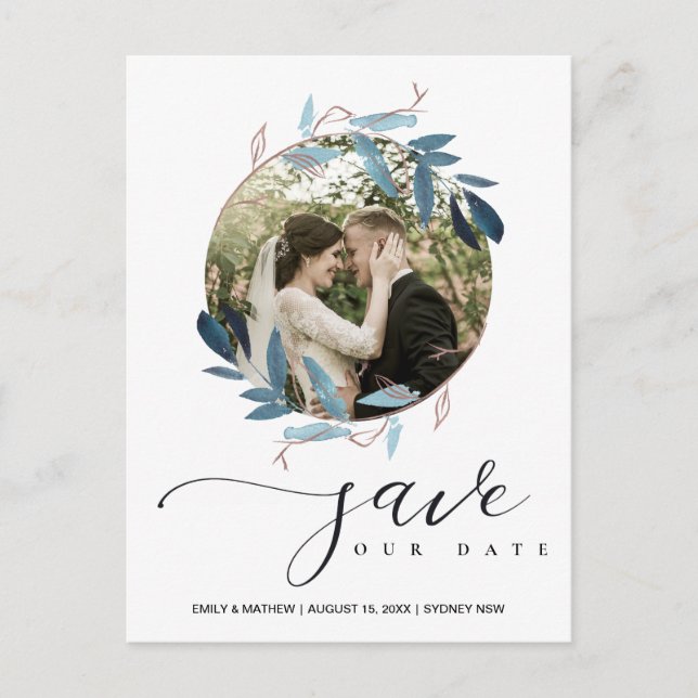 AQUA BLUE PINK FOLIAGE WREATH SAVE THE DATE FOTO ANKÜNDIGUNGSPOSTKARTE (Vorderseite)