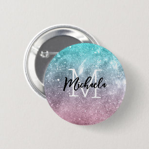 Aqua blue Pink ombre sea galaxy abstrakt Monogram Button