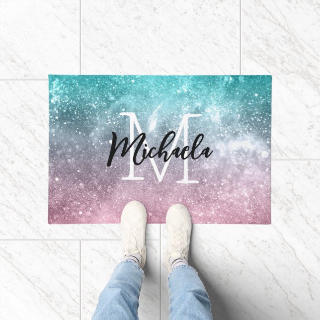 Aqua blue Pink ombre sea galaxy abstrakt Monogram Fußmatte (Indoor)