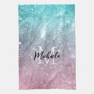 Aqua blue Pink ombre sea galaxy abstrakt Monogram Geschirrtuch