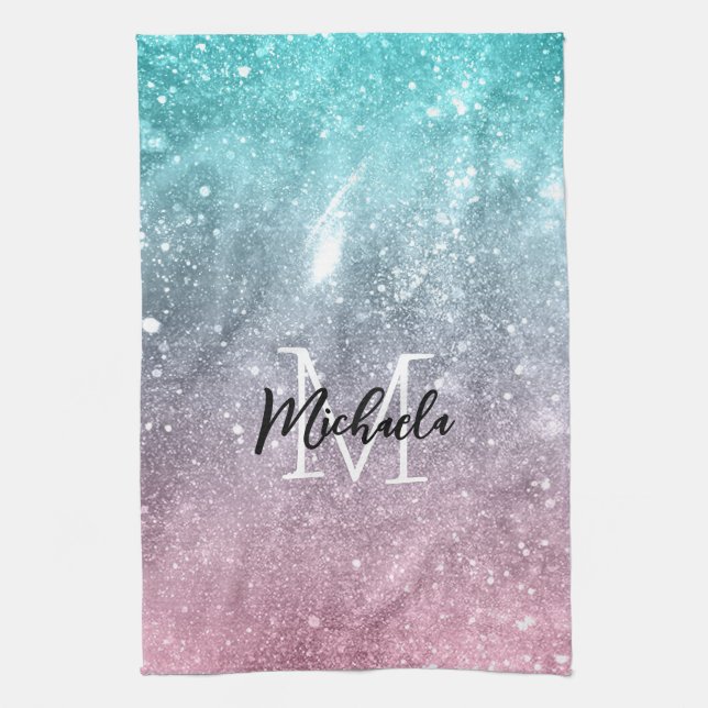 Aqua blue Pink ombre sea galaxy abstrakt Monogram Geschirrtuch (Vertikal)