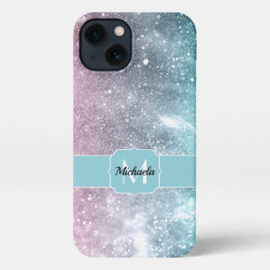 Aqua blue Pink ombre sea galaxy abstrakt Monogram iPhone 13 Hülle