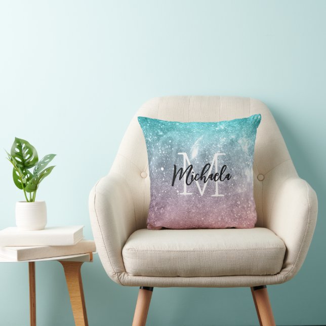 Aqua blue Pink ombre sea galaxy abstrakt Monogram Kissen (Stuhl )