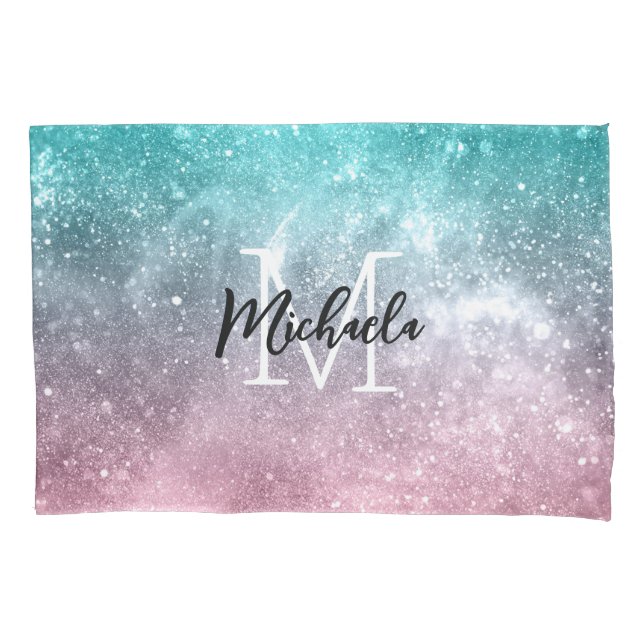 Aqua blue Pink ombre sea galaxy abstrakt Monogram Kissenbezug (Vorderseite)