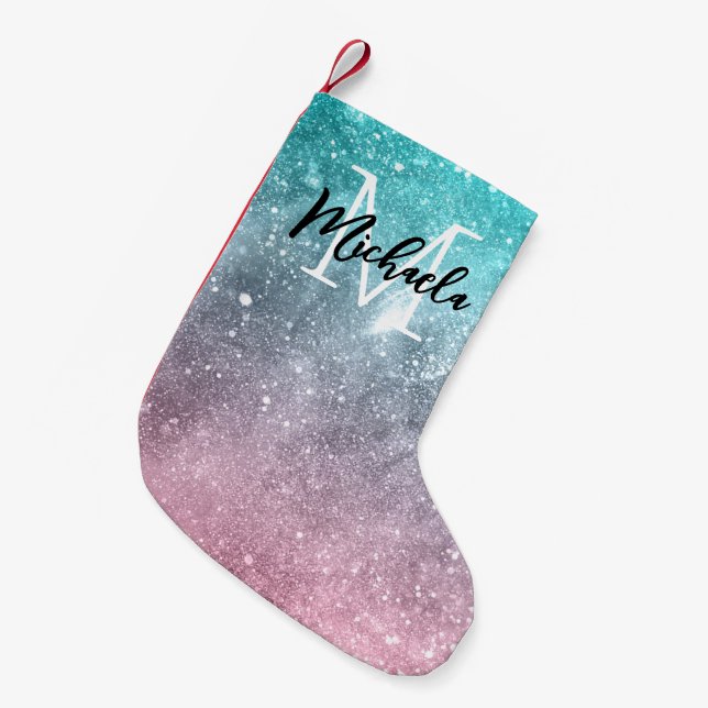 Aqua blue Pink ombre sea galaxy abstrakt Monogram Kleiner Weihnachtsstrumpf (Vorderansicht (hängend))