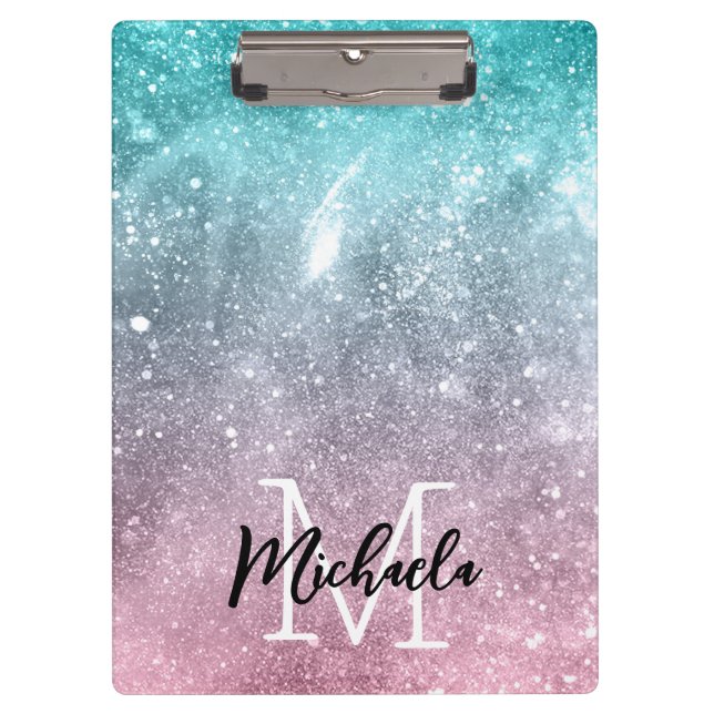 Aqua blue Pink ombre sea galaxy abstrakt Monogram Klemmbrett (Vorderseite)