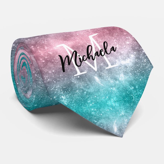 Aqua blue Pink ombre sea galaxy abstrakt Monogram Krawatte (Gerollt)