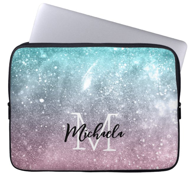 Aqua blue Pink ombre sea galaxy abstrakt Monogram Laptopschutzhülle (Vorderseite)