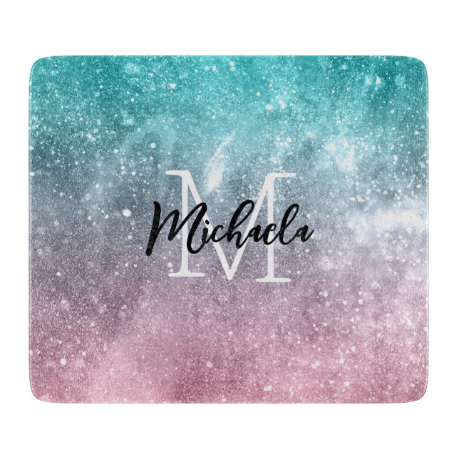 Aqua blue Pink ombre sea galaxy abstrakt Monogram Schneidebrett (Vorderseite)