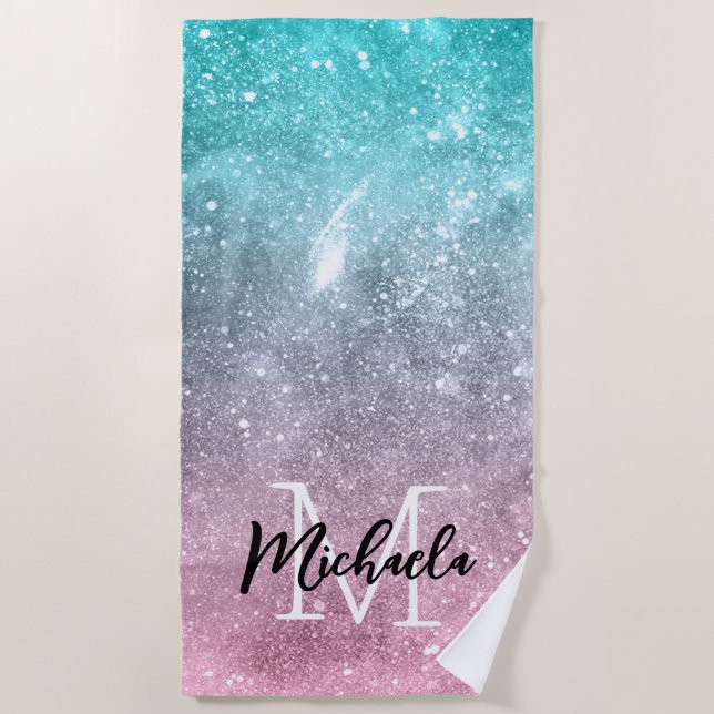 Aqua blue Pink ombre sea galaxy abstrakt Monogram Strandtuch (Vorderseite)