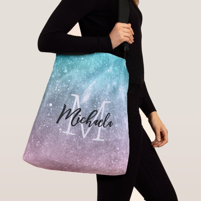 Aqua blue Pink ombre sea galaxy abstrakt Monogram Tragetaschen Mit Langen Trägern (Von Nahem)