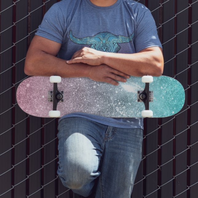 Aqua Blue Pink ombre Sea Galaxy abstrakt Skateboard (Außenbereich 3)