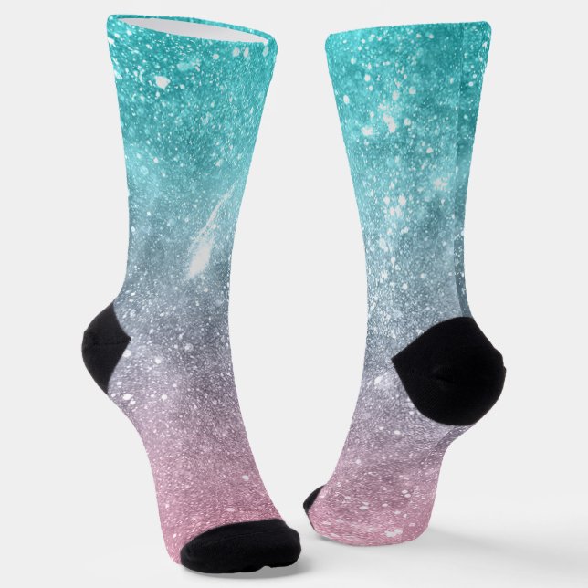 Aqua Blue Pink ombre Sea Galaxy abstrakt Socken (Gewinkelt)